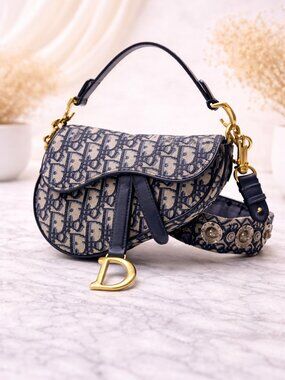 Authentic Dior Saddle Bag Oblique Canvas Navy Blue Shoulder Bag